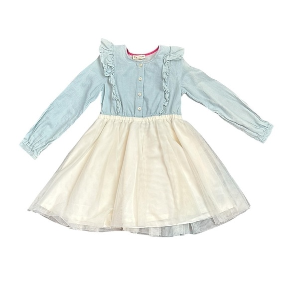 TUCKER + TATE Girls Chambray Denim Top White Cream Tulle Dress Size 4 - Picture 1 of 3